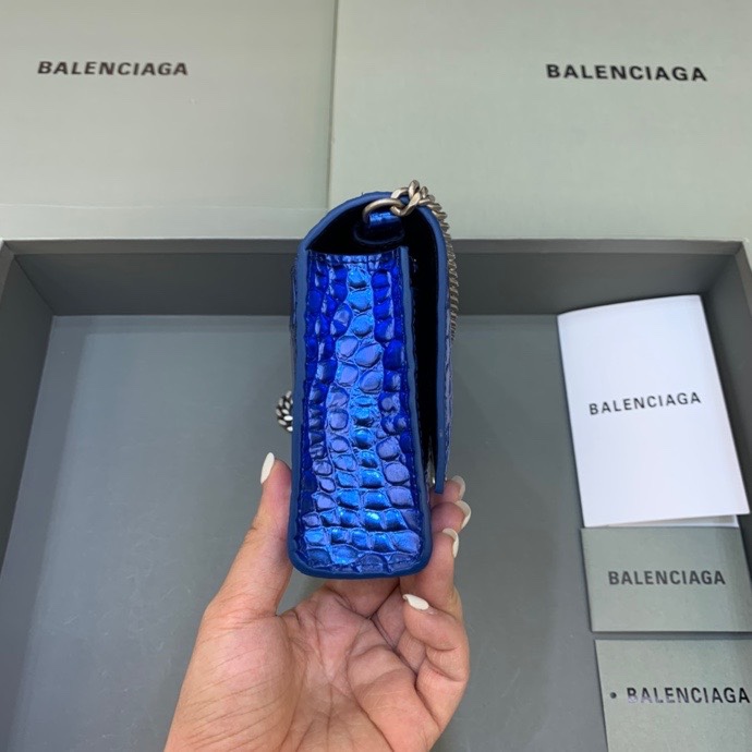 Balenciaga Small Hourglass Wallet With Chain Crocodile Embossed Shoulder Bag Blue